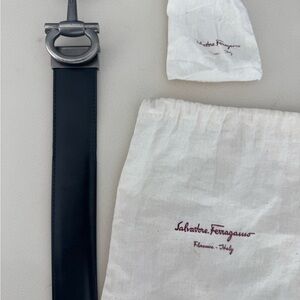 Salvatore Ferragamo Black and Tan Reversible Leather Belt with Silver Buckle